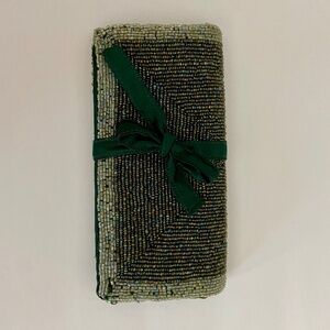 1980s Vintage Beaded Jewelry Roll Organizer Green Satin Zip Pockets